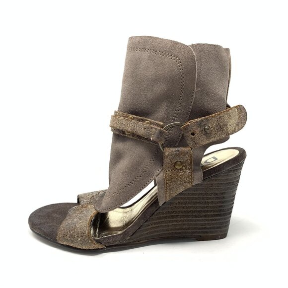 Diba Suede Leather Wedge Booties Size 7.5 Open Toe Buckles - Picture 1 of 9